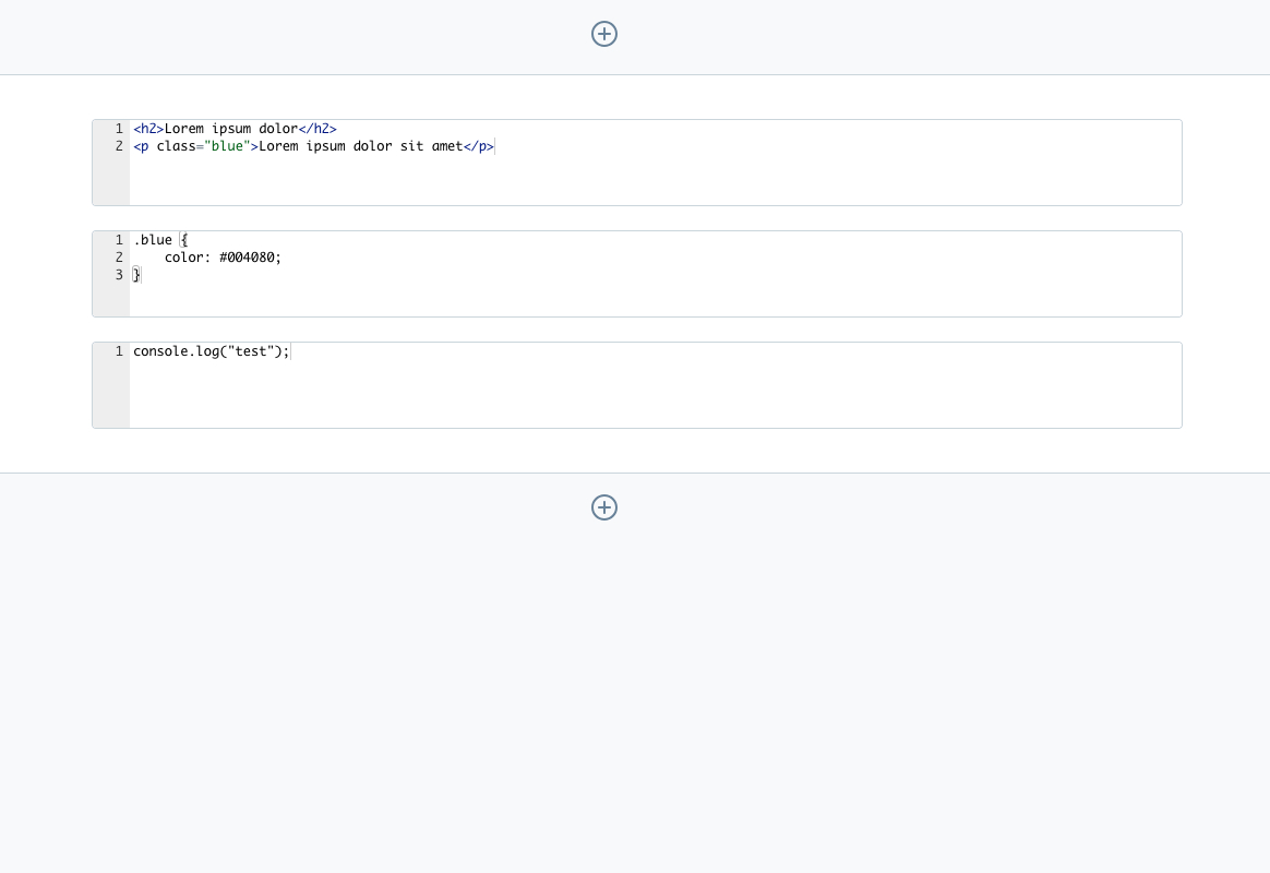Element für HTML-, CSS-, JavaScript- und Twig-Code für die Erlebniswelten
