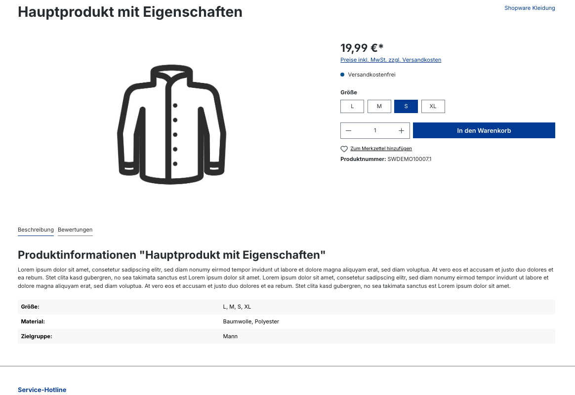 Anzeige der Eigenschaften in einem eigenen Bereich auf der Produkt - Detailseite