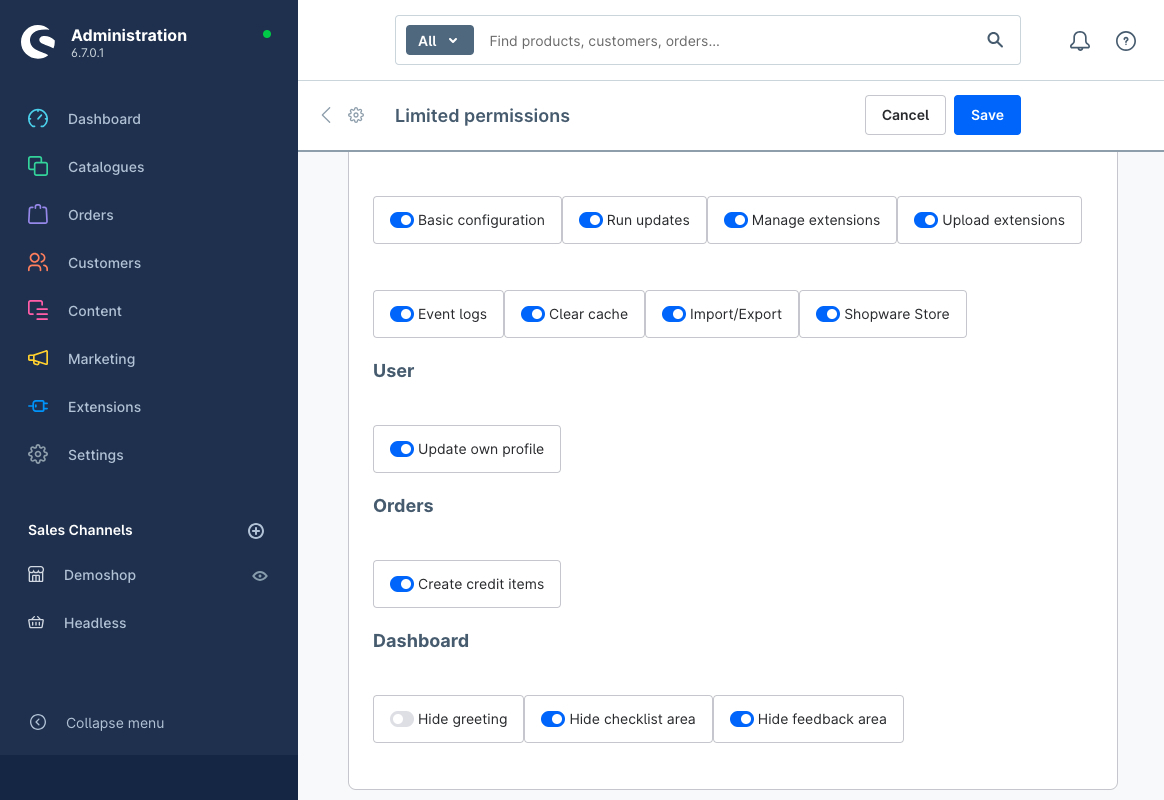 new area Dashboard in which you can hide the areas of the dashboard for the selected role